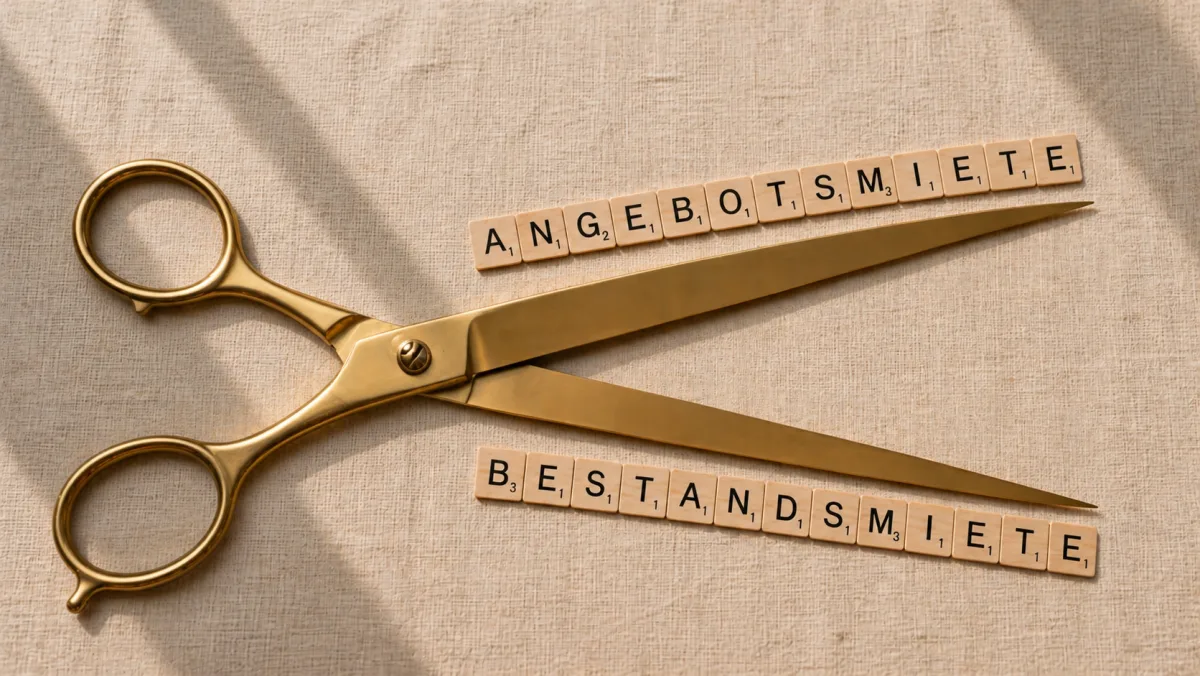 Goldene Schere zwischen Scrabble-Buchstaben Angebotsmiete und Bestandsmiete – Symbol für die wachsende Mietpreis-Schere in deutschen Großstädten